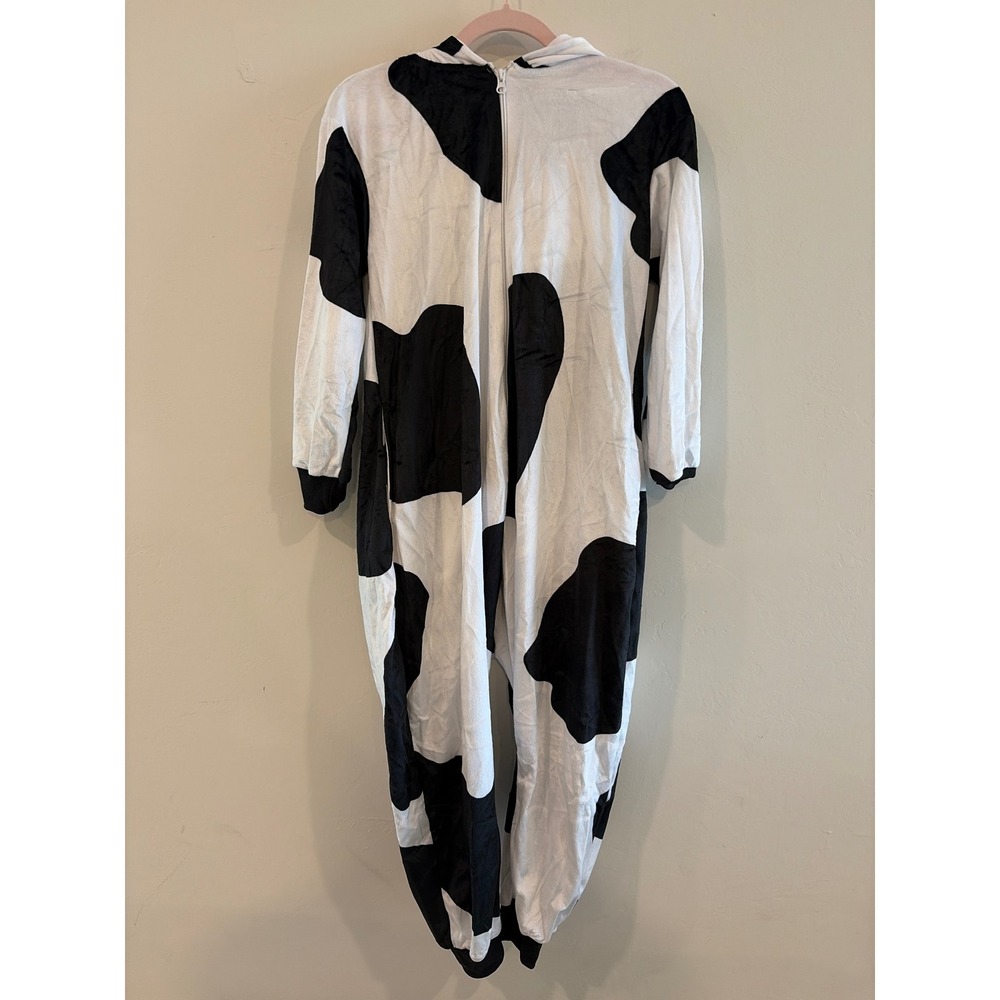 Spirit Halloween Cow Jumpsuit Costume Kids Medium 8-10 Black White Plush Hooded - Picture 4 of 6